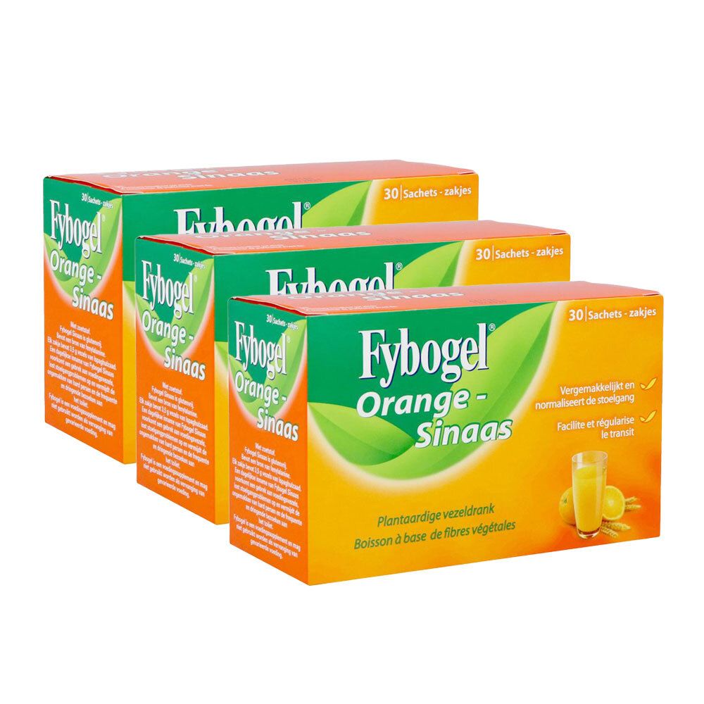 Trois boîtes de Fybogel Orange. Emballage orange avec logo vert et nom du produit. 30 sachets.