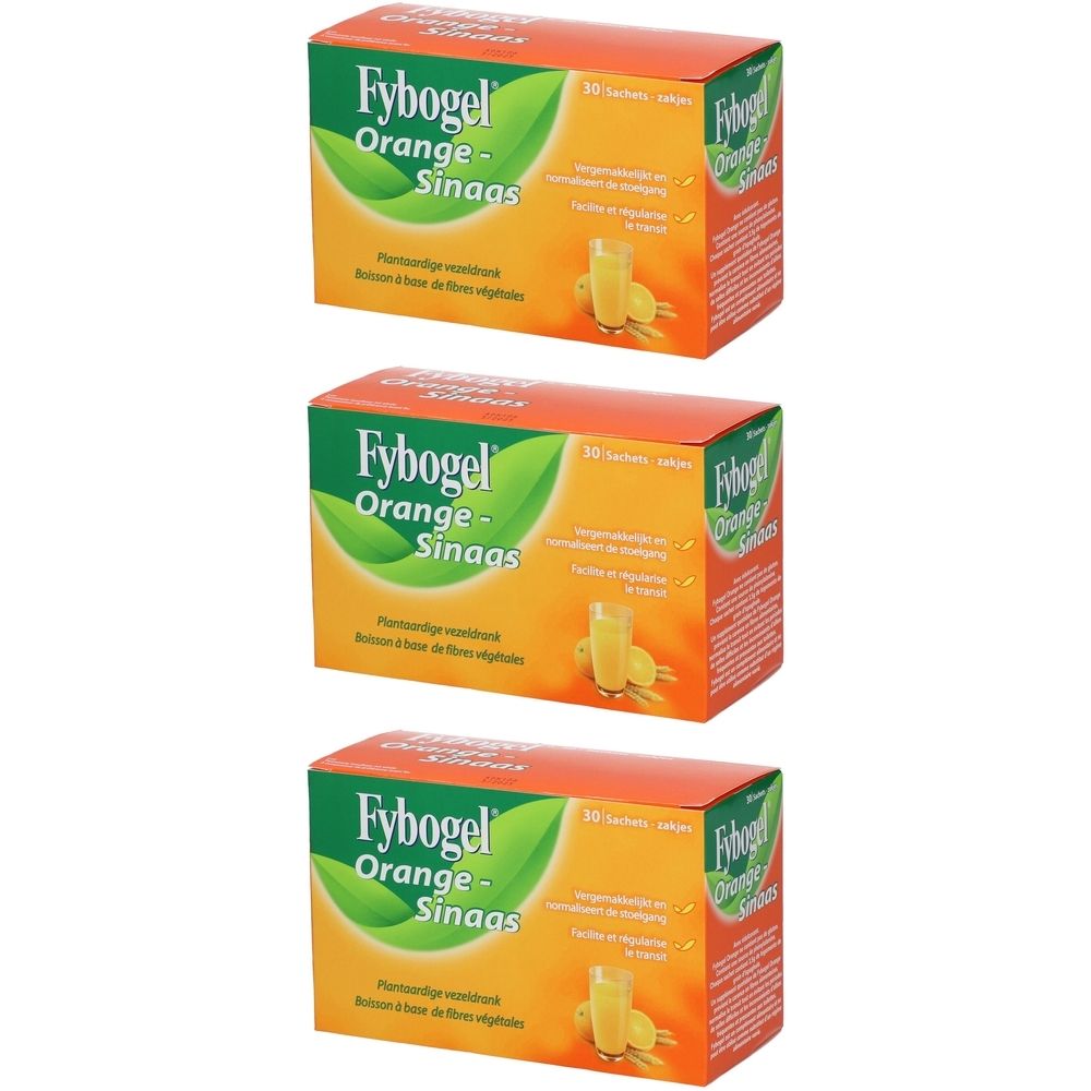 Trois boîtes de Fybogel Orange. Emballage orange avec logo vert et nom du produit. 30 sachets.
