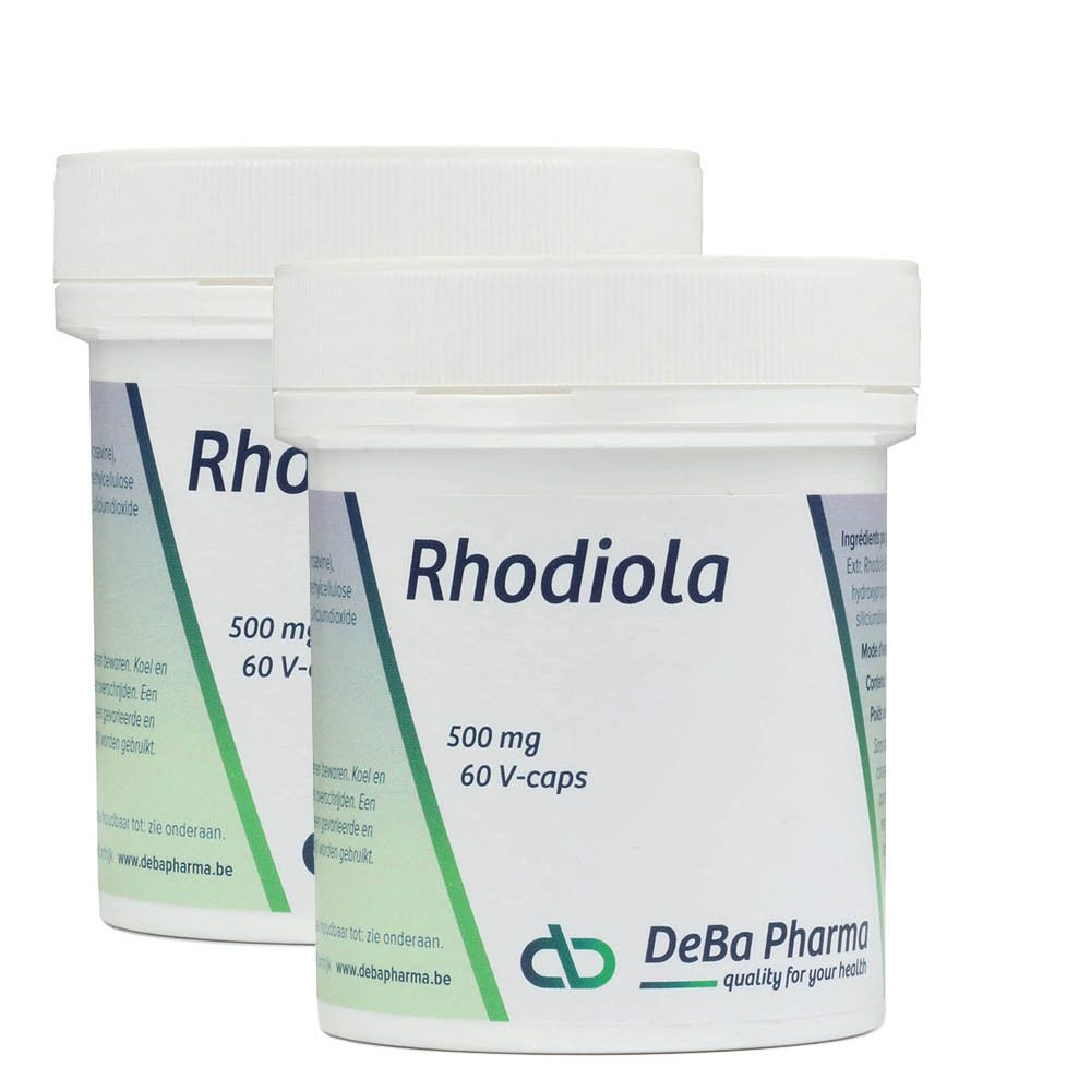 Deux pots blancs de gélules Rhodiola. Inscription : 500 mg, 60 V-caps. Logo DeBa Pharma.