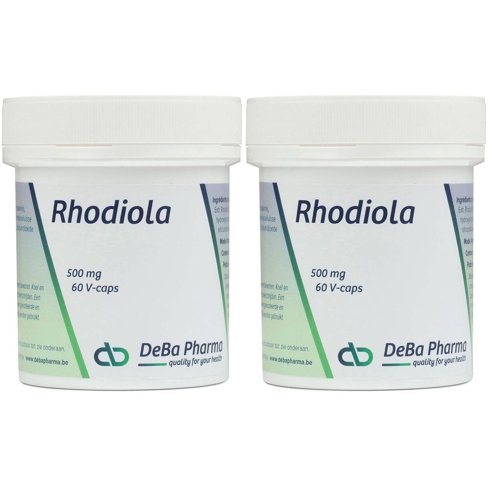 Deux pots blancs de gélules Rhodiola. Inscription : 500 mg, 60 V-caps. Logo DeBa Pharma.