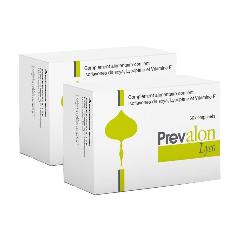 Deux boîtes blanches avec texte vert. Inscription: Prevalon Lyco, 60 comprimés. Contient isoflavones, lycopène et vitamine E.