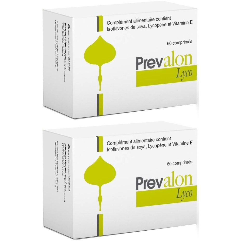 Deux boîtes blanches avec texte vert. Inscription: Prevalon Lyco, 60 comprimés. Contient isoflavones, lycopène et vitamine E.