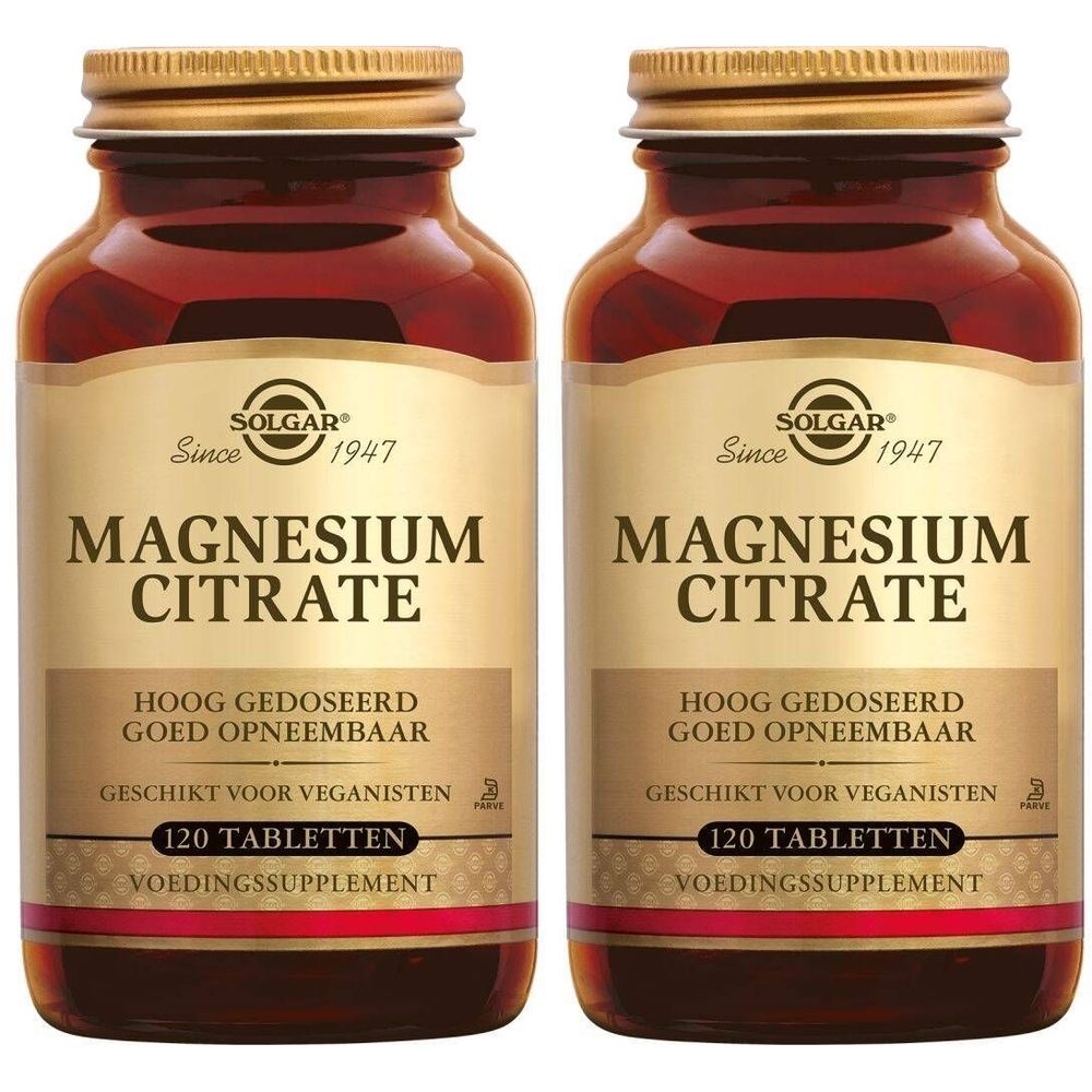 Deux flacons de Solgar Magnesium Citrate. Flacons en verre brun avec couvercles dorés et étiquettes. Inscription: Magnesium Citrate, 120 comprimés.