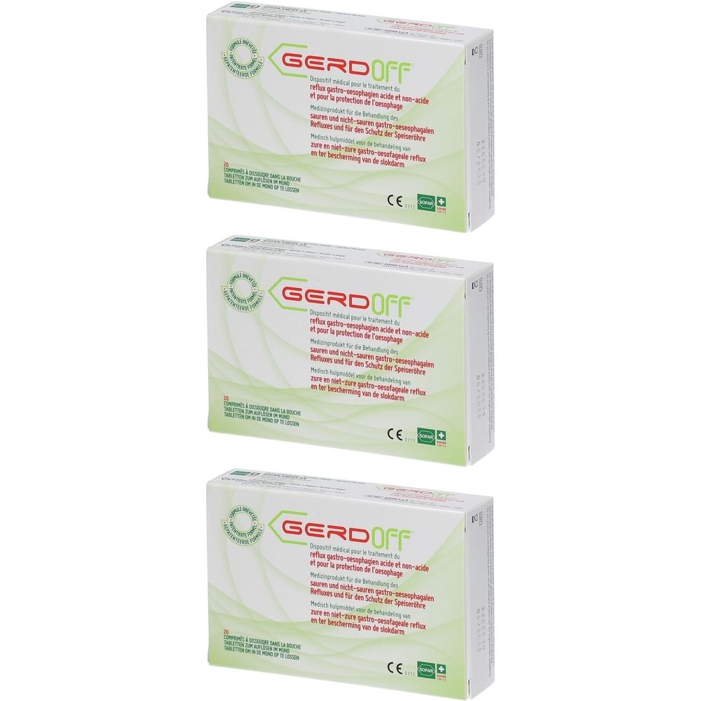 Trois boîtes Gerdoff. Emballage blanc avec logo et texte verts. Marquage CE.