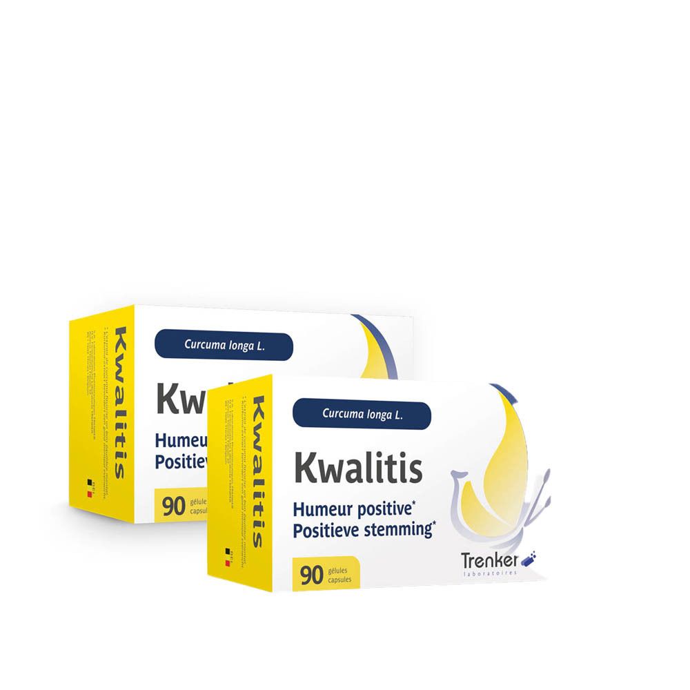 Deux boîtes Kwalitis. Inscription : Curcuma longa L., Humeur positive, Positieve stemming. 90 gélules. Marque Trenker.