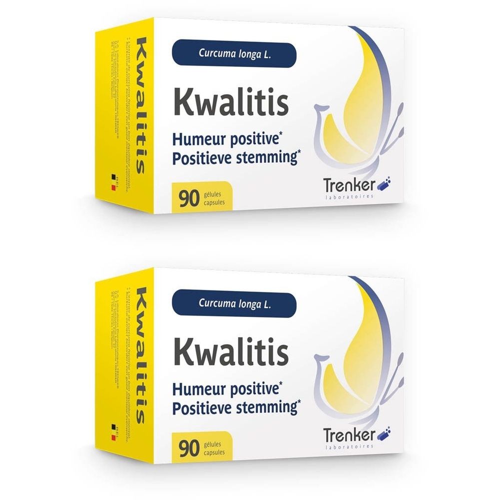 Deux boîtes Kwalitis. Inscription : Curcuma longa L., Humeur positive, Positieve stemming. 90 gélules. Marque Trenker.