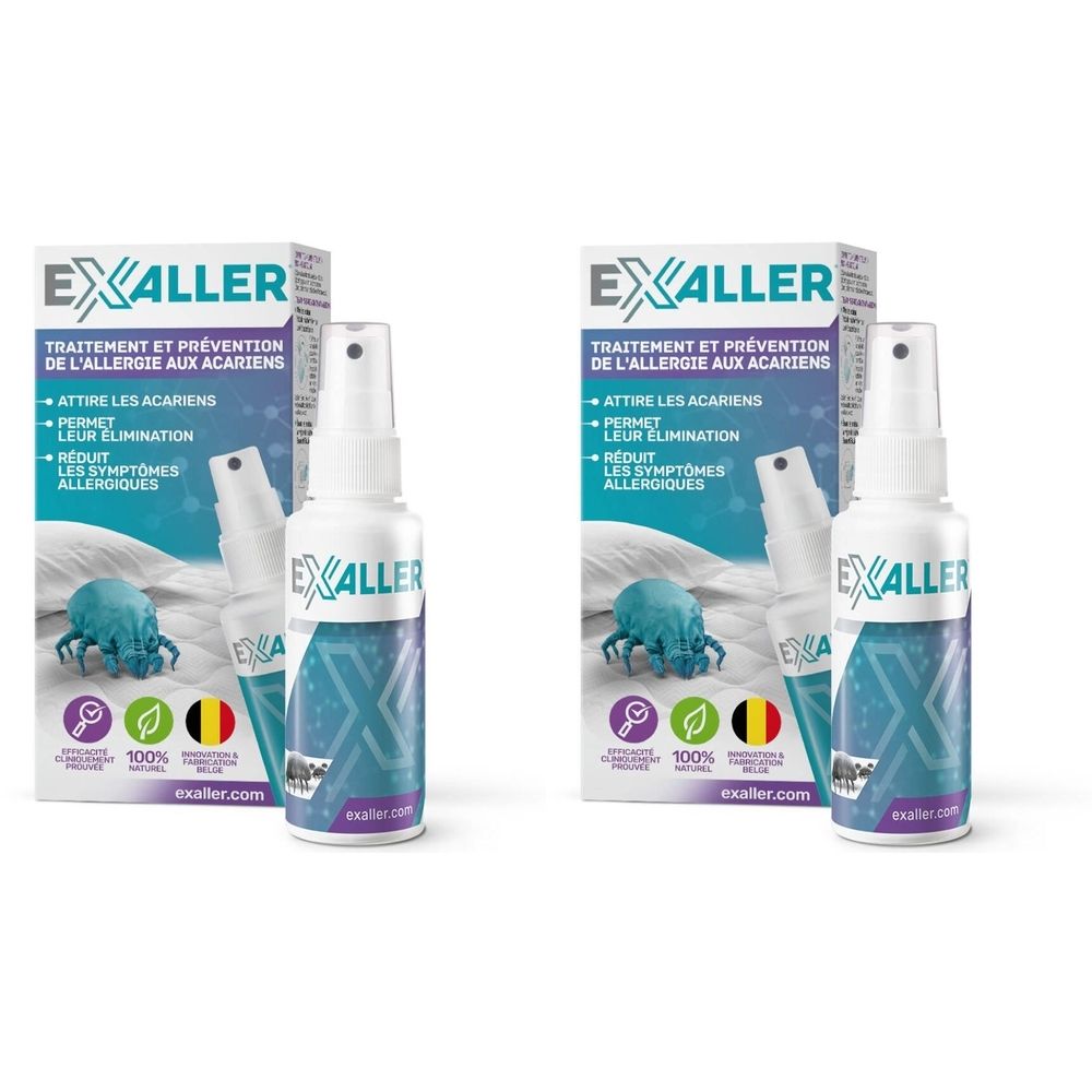 ExAller Spray. Deux flacons et emballages. Liquide bleu en vaporisateurs. Texte: ExAller, traitement et prévention de l'allergie aux acariens.