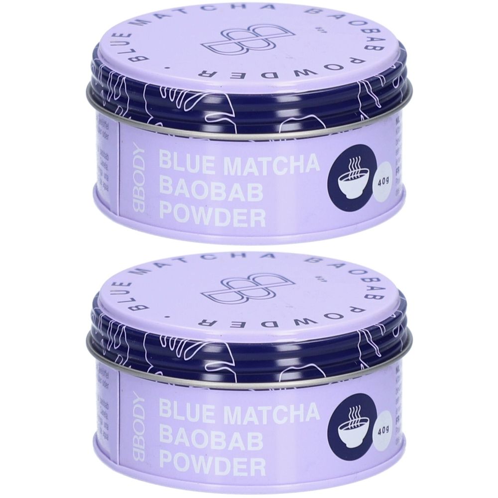 Deux boîtes de poudre BBODY Blue Matcha Baobab. Boîtes rondes lilas avec couvercles et texte.
