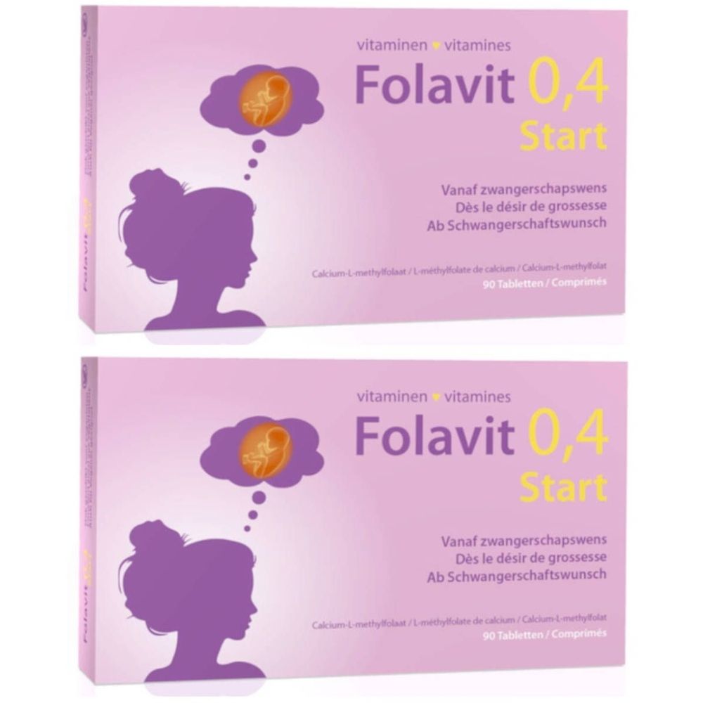 Deux boîtes de Folavit 0,4 Start. Emballage rose avec nom du produit, silhouette de femme et symbole de fœtus. Texte en allemand, français et néerlandais.