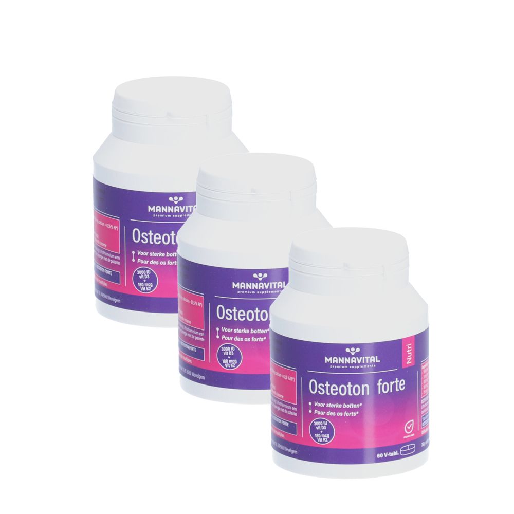 Trois flacons blancs avec étiquettes violettes. Inscription: Osteoton forte. Marque: Mannavital.
