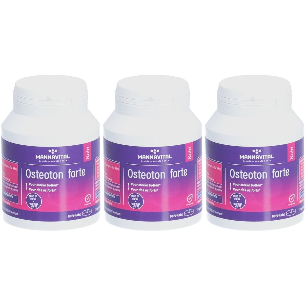 Trois flacons blancs avec étiquettes violettes. Inscription: Osteoton forte. Marque: Mannavital.