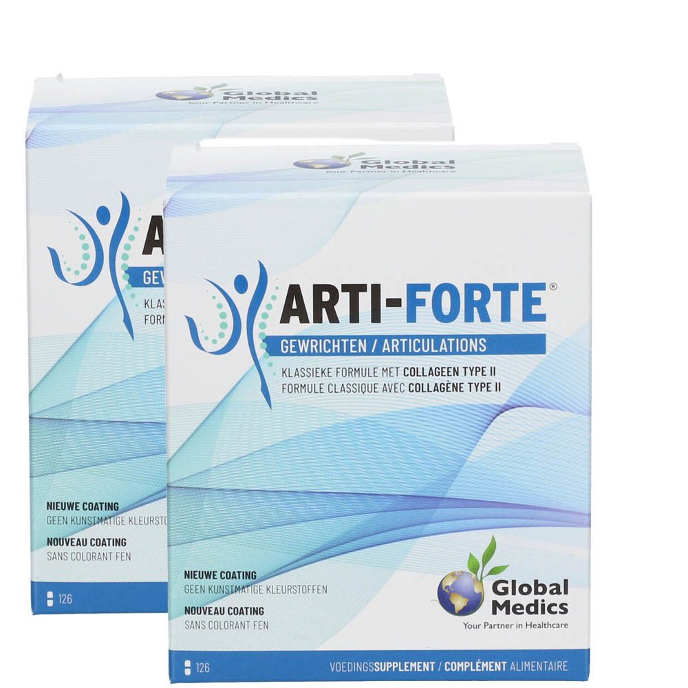 Deux boîtes Arti-Forte® Gelenke. Emballage bleu et blanc avec logo et texte. Logo Global Medics en bas.