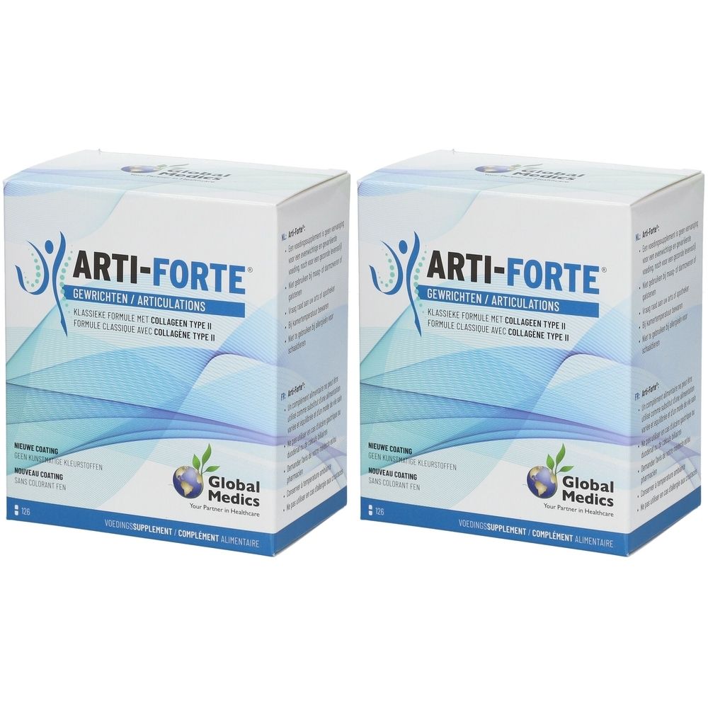 Deux boîtes Arti-Forte® Gelenke. Emballage bleu et blanc avec logo et texte. Logo Global Medics en bas.