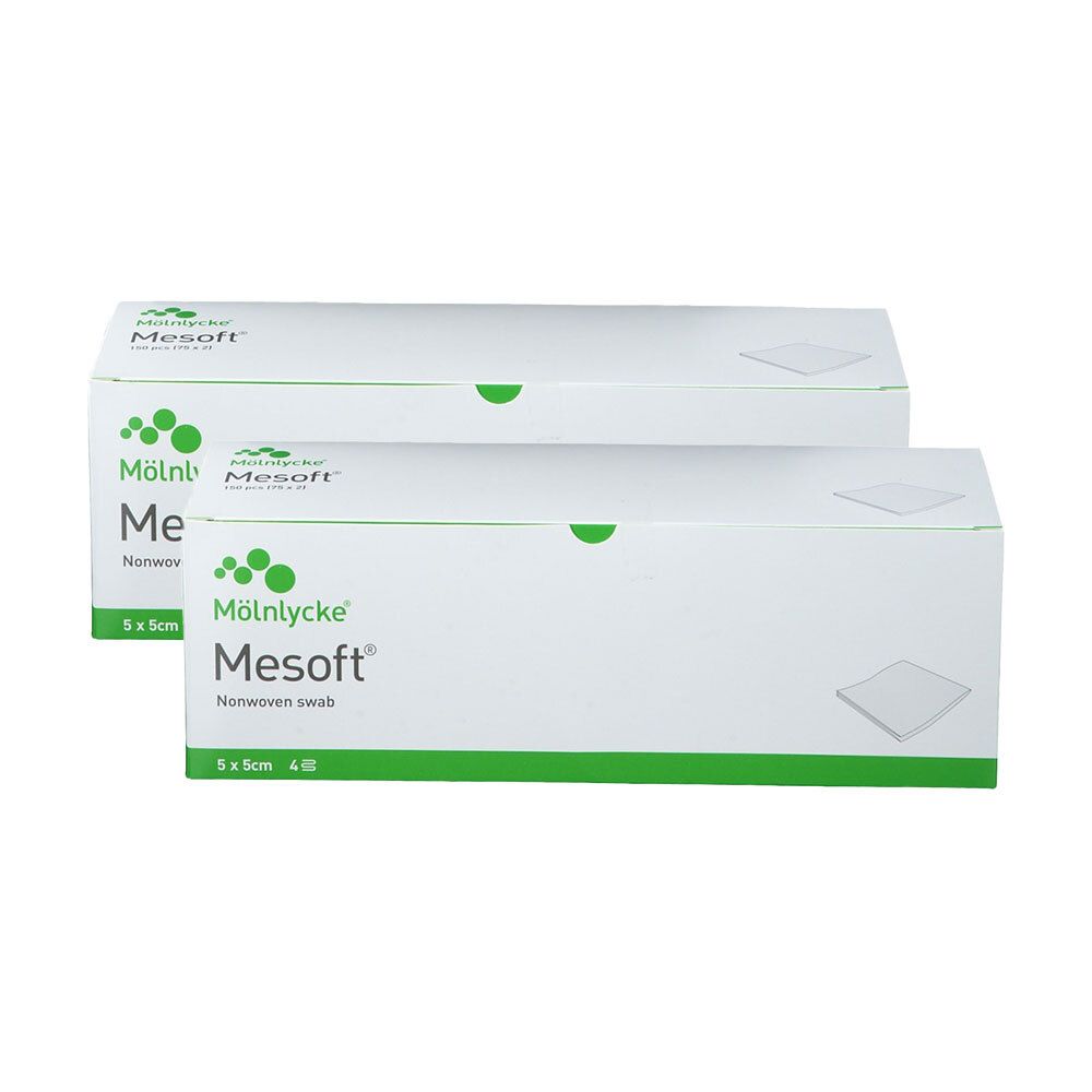 Deux boîtes blanches avec des accents verts. Inscription: Mesoft, 5x5cm. Logo: Mölnlycke.