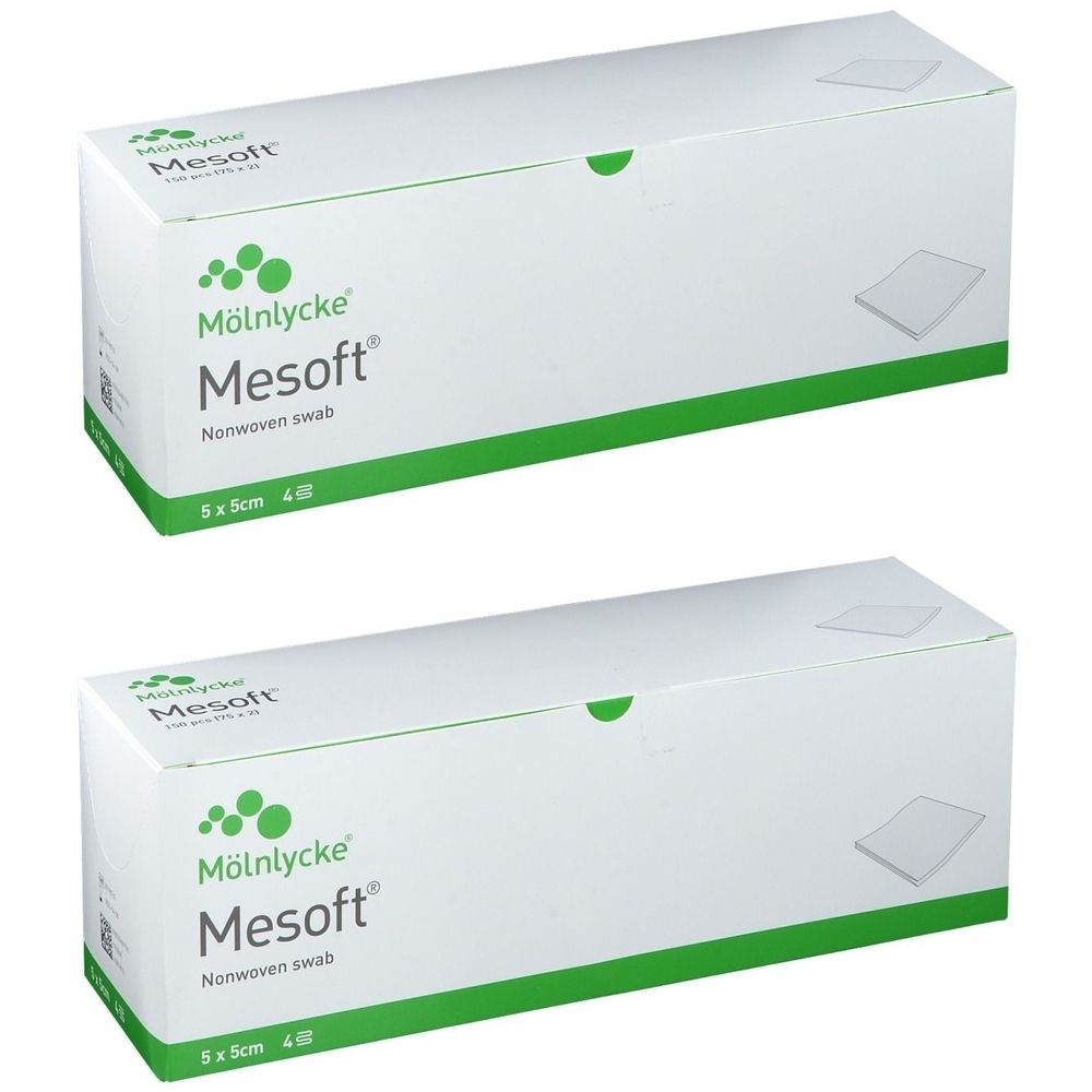 Deux boîtes blanches avec des accents verts. Inscription: Mesoft, 5x5cm. Logo: Mölnlycke.