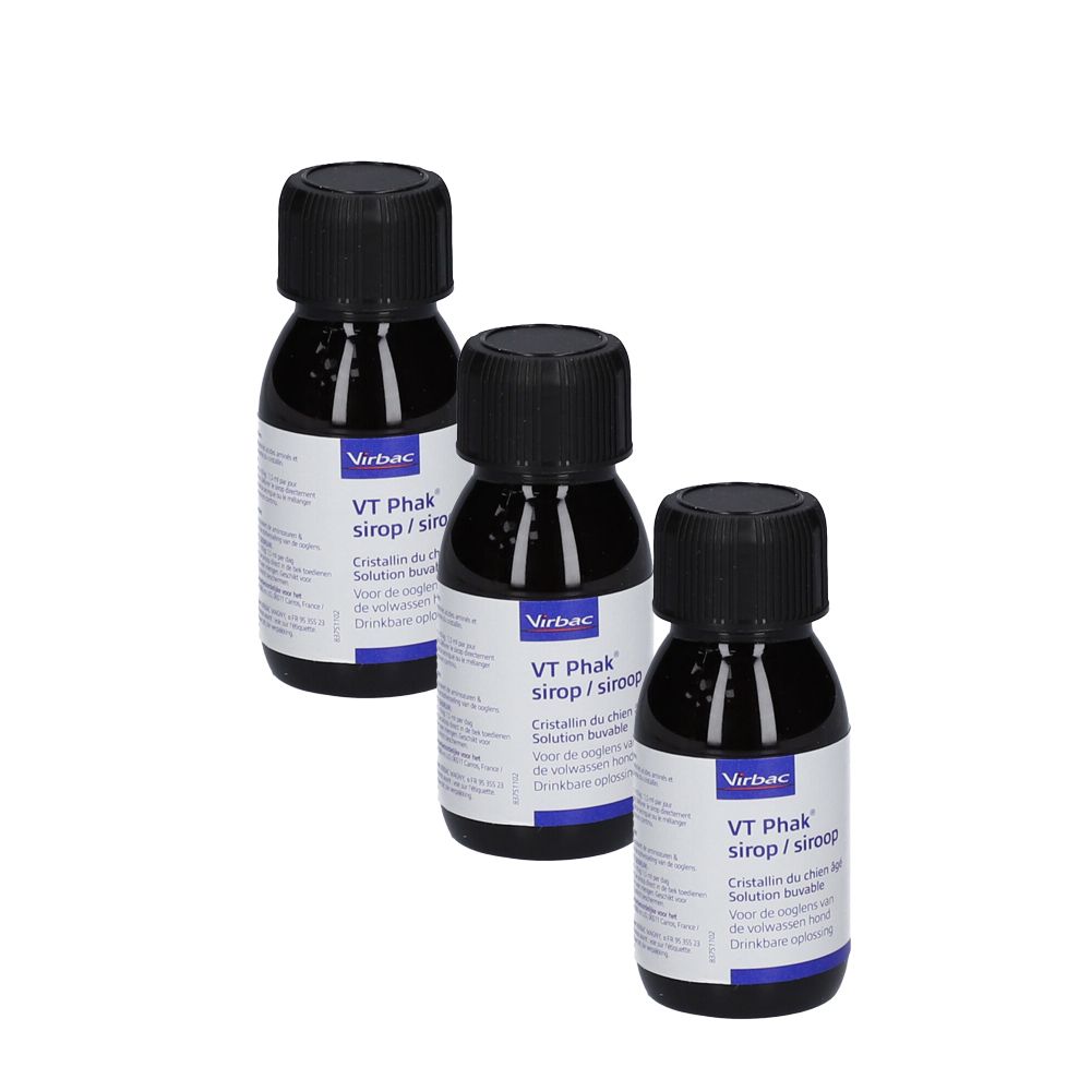 Trois flacons de Virbac VT Phak sirop. Bouchons noirs, étiquettes blanches. Texte: VT Phak sirop, pour chiens. Liquide brun.