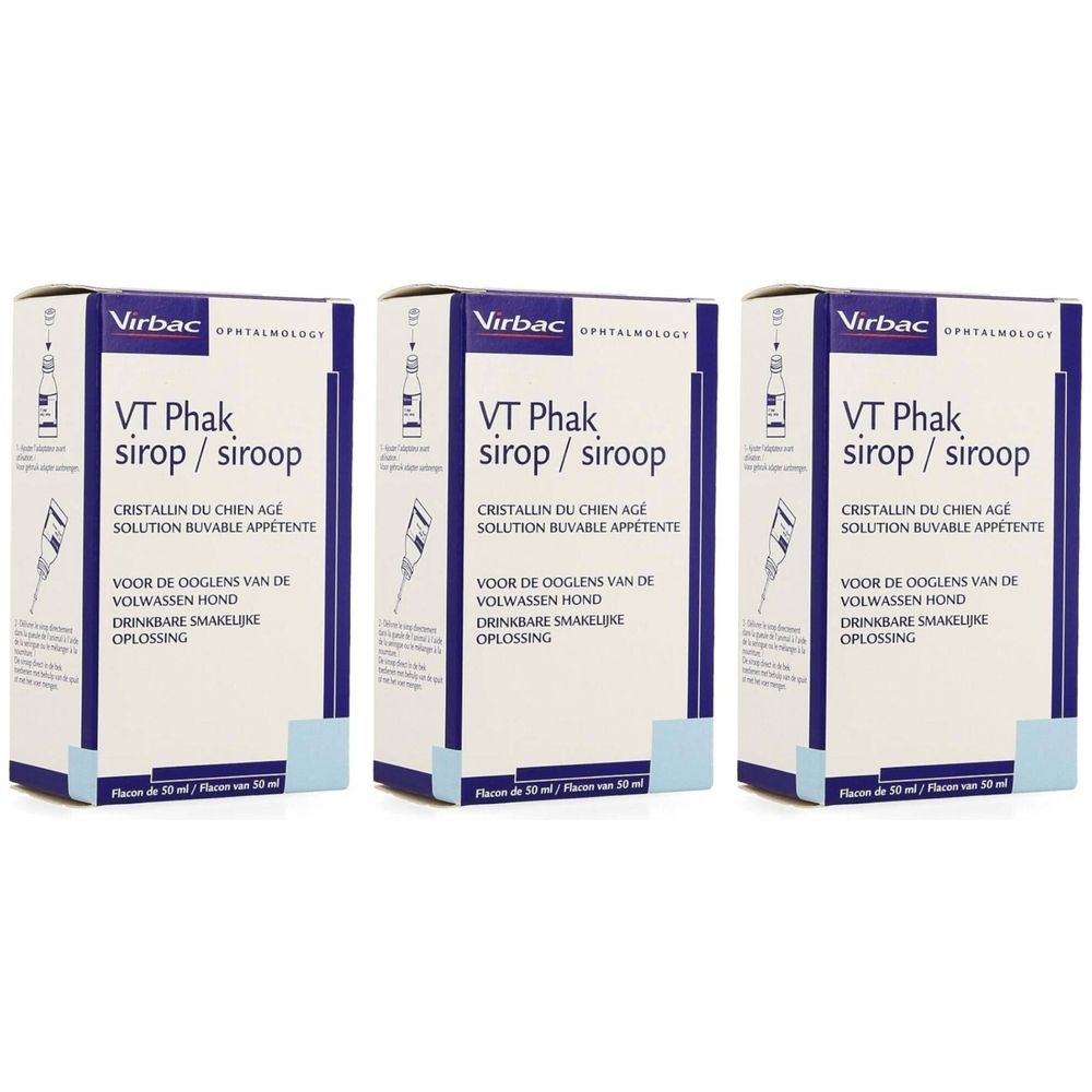 Trois boîtes de Virbac VT Phak sirop. Blanc, bleu et violet. Texte: VT Phak sirop, pour chiens. Illustration de flacon.