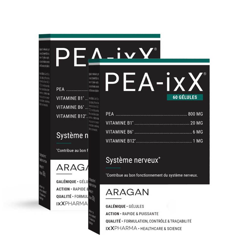 Deux boîtes noires avec l'inscription PEA-ixX et 60 gélules. Les ingrédients et la marque ARAGAN sont indiqués sur le côté.