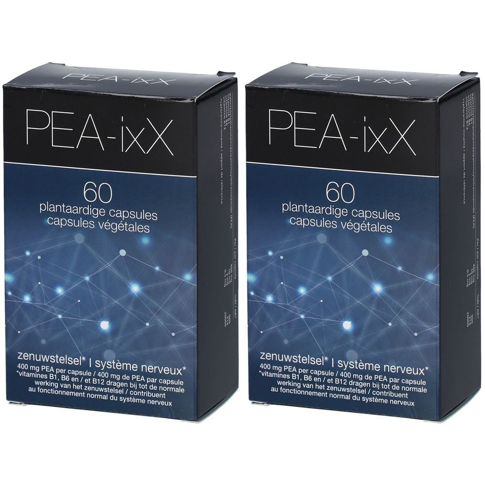 Deux boîtes noires avec l'inscription PEA-ixX. Chaque boîte indique "60 plantaardige capsules capsules végétales".