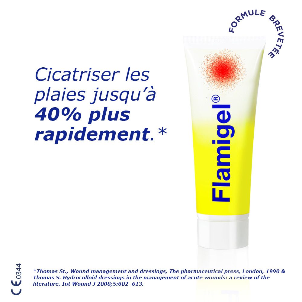 Tube de Flamigel. Jaune avec point rouge. Texte: Guérit les plaies jusqu'à 40% plus vite.