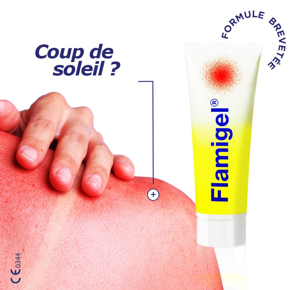 Tube de Flamigel. Jaune avec point rouge. Personne avec coup de soleil sur l'épaule.