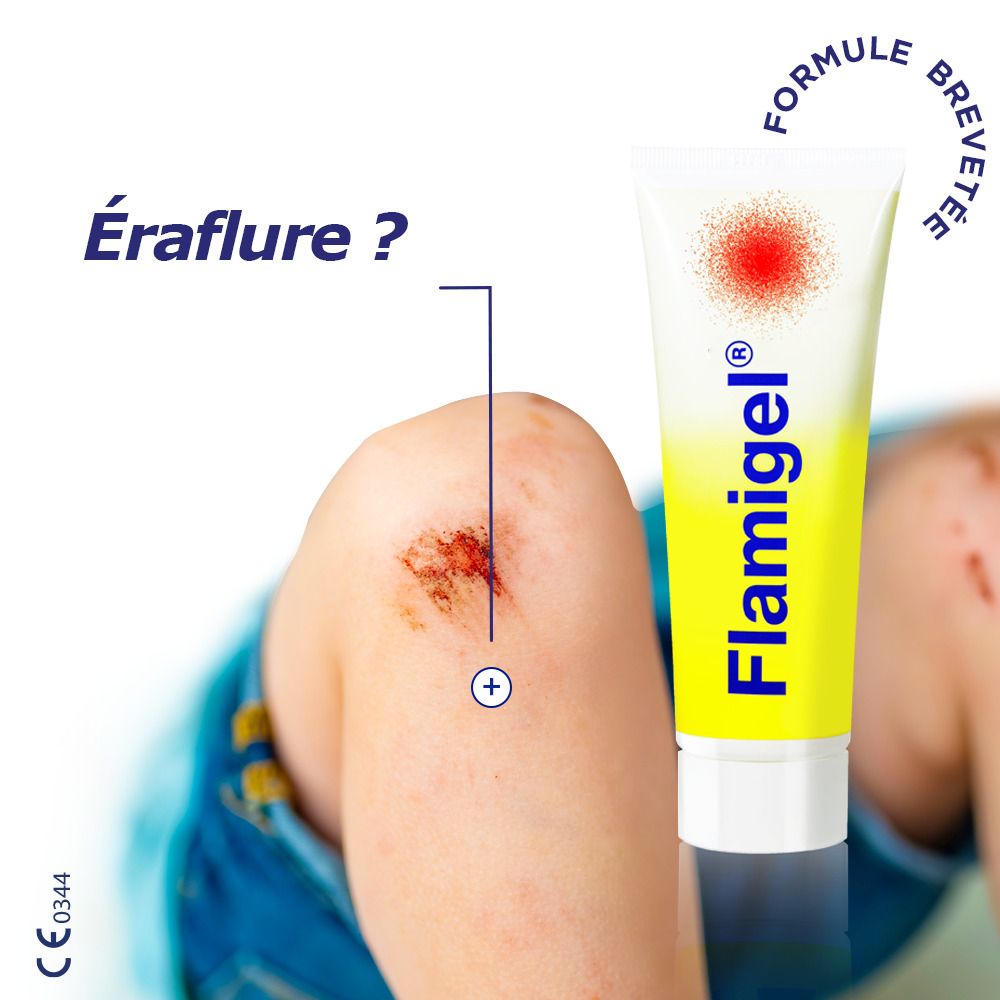 Tube de Flamigel. Jaune avec point rouge. Genou avec éraflure.