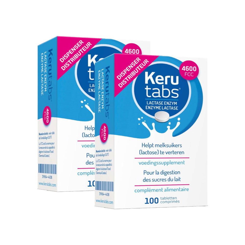 Deux boîtes de KeruTabs. Emballage bleu et blanc avec texte et comprimé. Contient 100 comprimés.