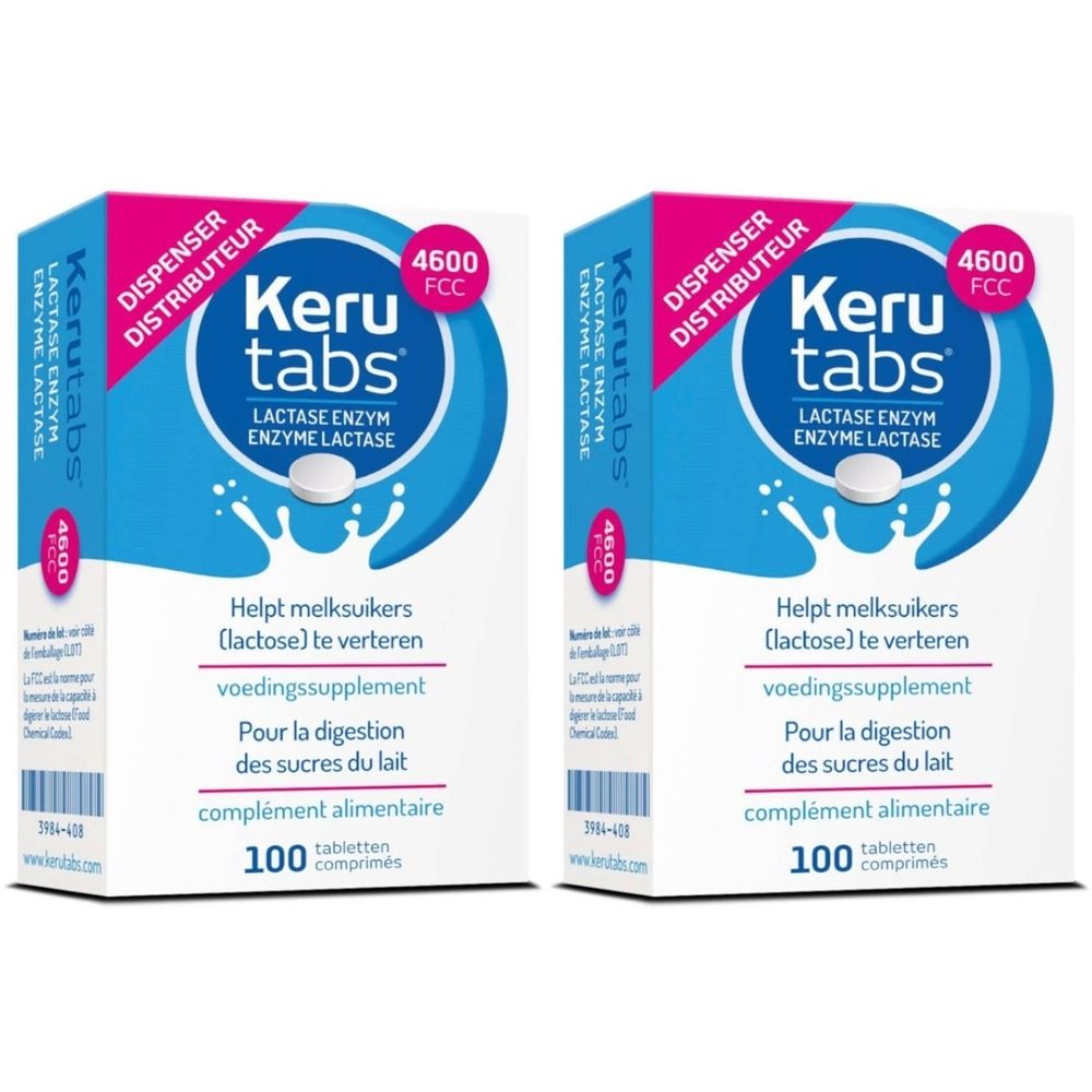 Deux boîtes de KeruTabs. Emballage bleu et blanc avec texte et un comprimé. Contient 100 comprimés.