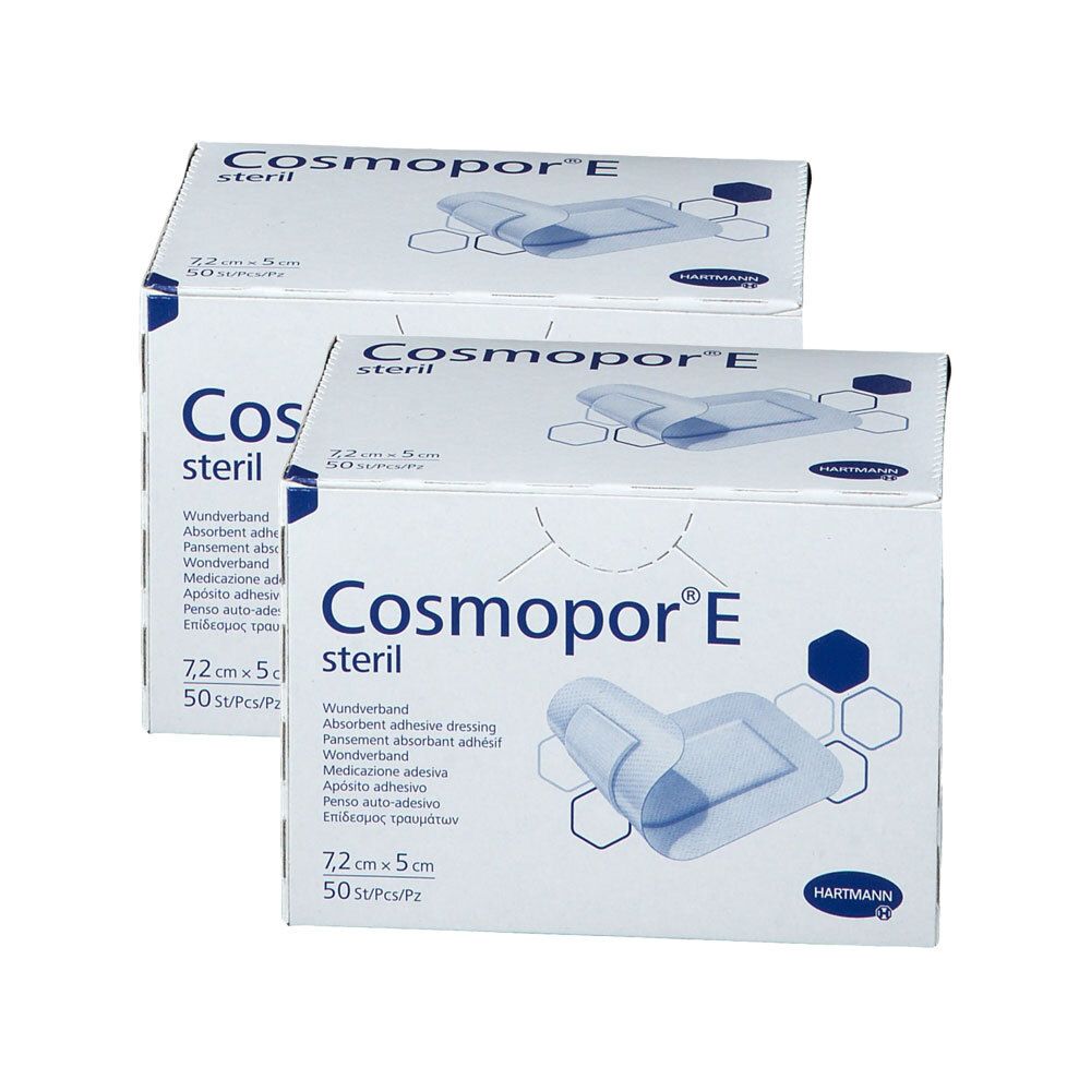 Deux boîtes Cosmopor E stérile. Inscription : 7,2cm x 5cm, 50 pièces. Logo Hartmann. Représentation d'un pansement.