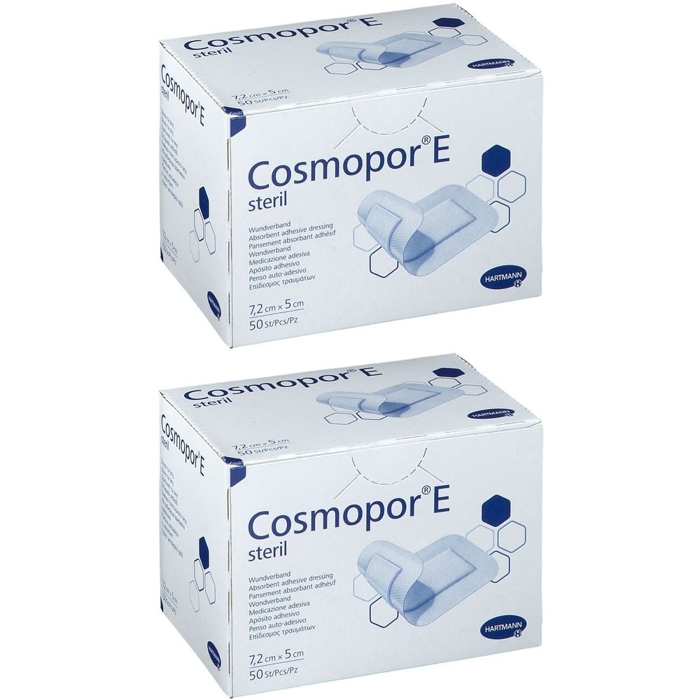 Deux boîtes Cosmopor E stérile. Inscription : 7,2cm x 5cm, 50 pièces. Logo Hartmann. Représentation d'un pansement.
