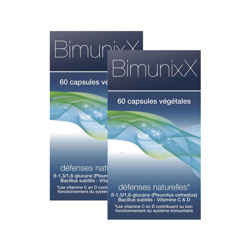 Deux boîtes avec l'inscription BimunixX. Texte: 60 gélules végétales, défense naturelles, ingrédients.