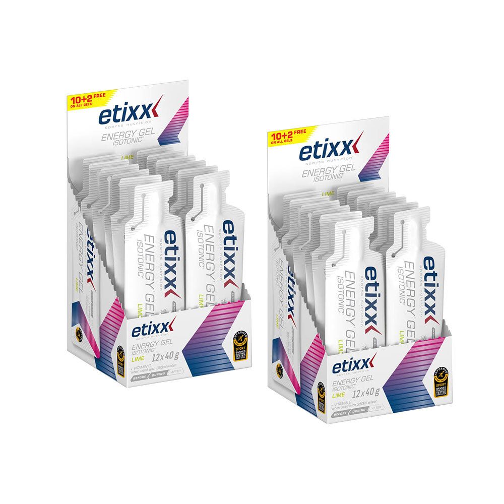 Deux boîtes Etixx Energy Gel Limette. Sachets dans des boîtes. Blanc, avec logo et texte. Accents roses et bleus. Inscription : Isotonic.