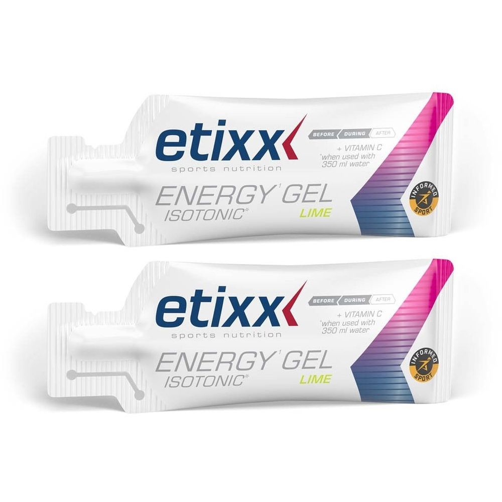 Deux sachets Etixx Energy Gel Limette. Blanc, logo et texte. Accents roses et bleus. Inscription : Isotonic.