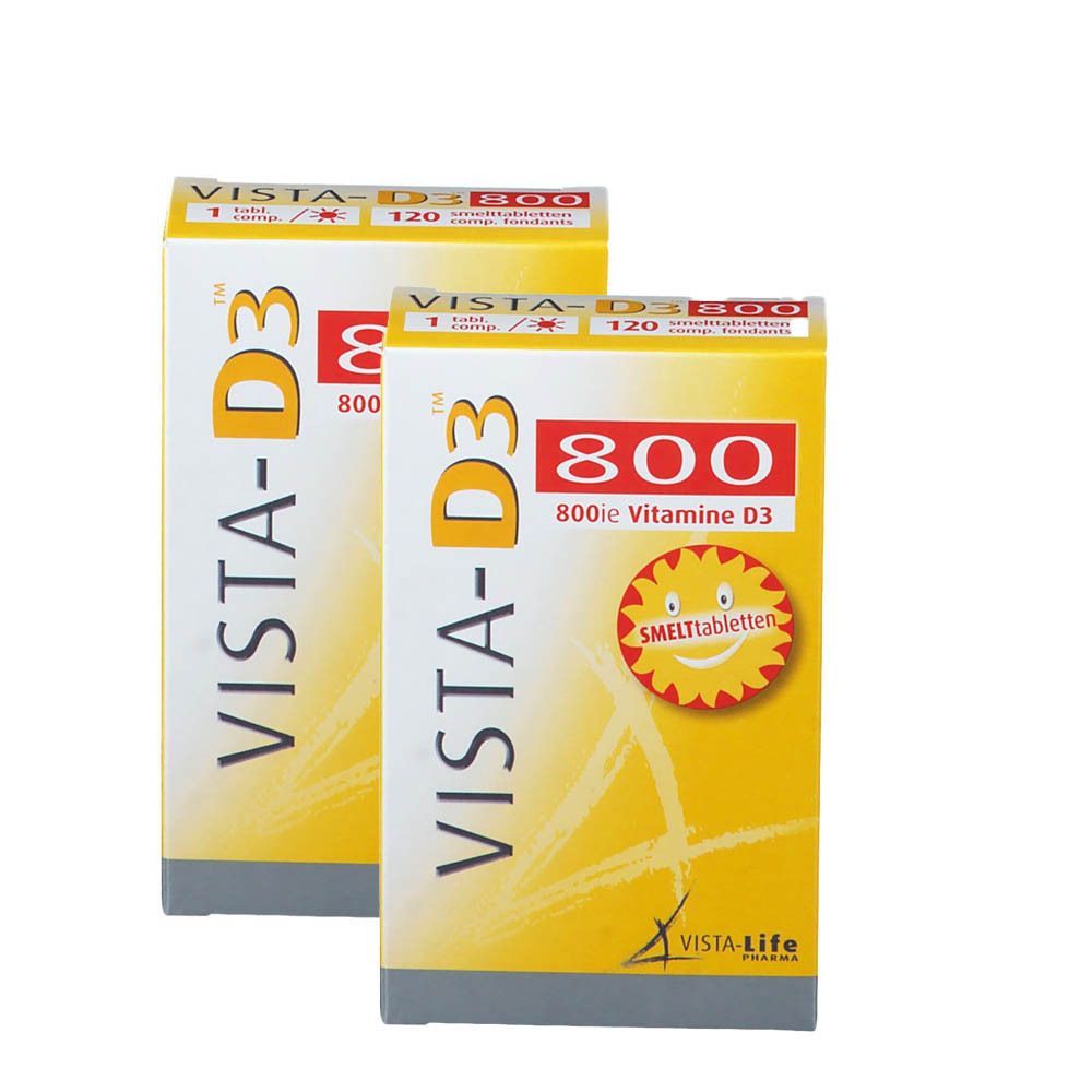 Deux boîtes de Vista-D3 800. Inscription : Vitamine D3, 800, Vista-D3, Vista-Life. Design jaune et blanc.