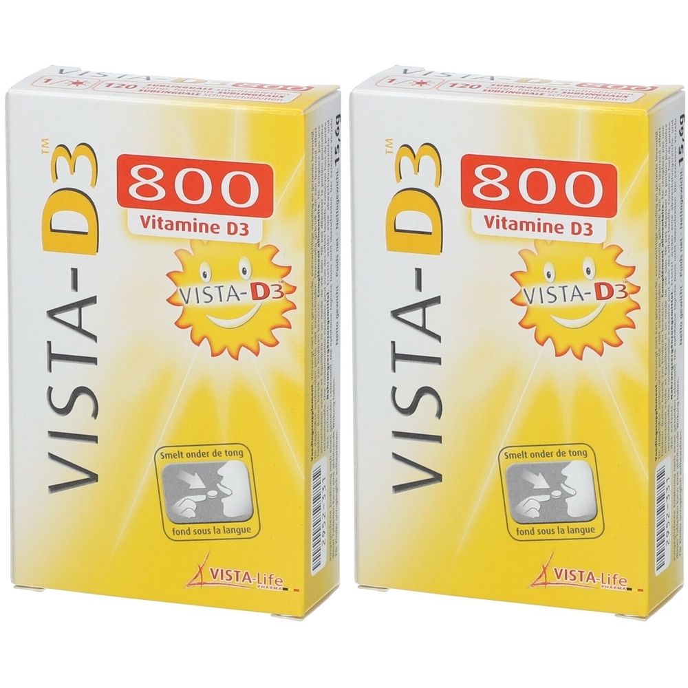 Deux boîtes de Vista-D3 800. Inscription : Vitamine D3, 800, Vista-D3, Vista-Life. Design jaune et blanc.