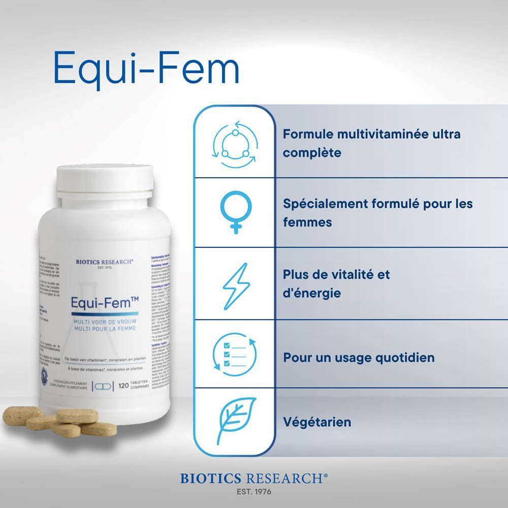 Flacon d'Equi-Fem™ avec icônes et textes : "Formule multivitaminée ultra complète", "Spécialement formulé pour les femmes".