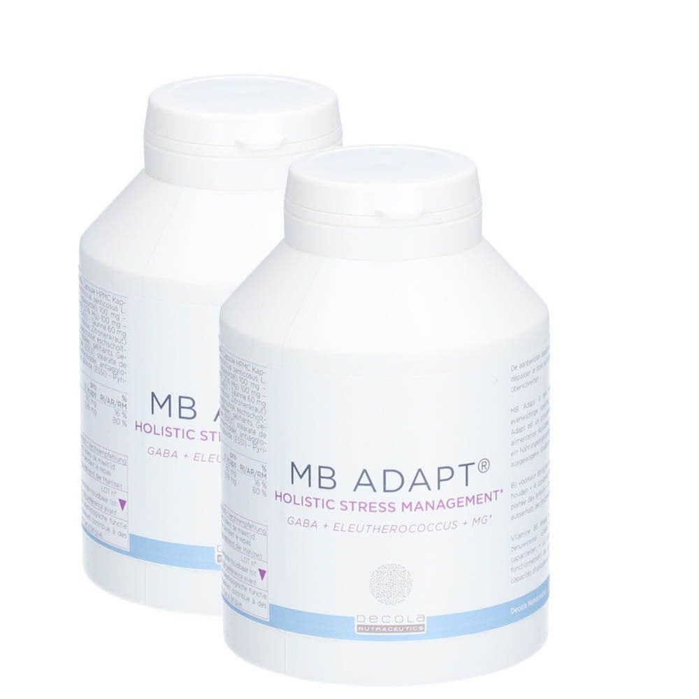Deux flacons blancs avec couvercles. Inscription: MB ADAPT, Holistic Stress Management. En dessous: Gaba, Eleutherococcus, MG. Logo Decola Health.