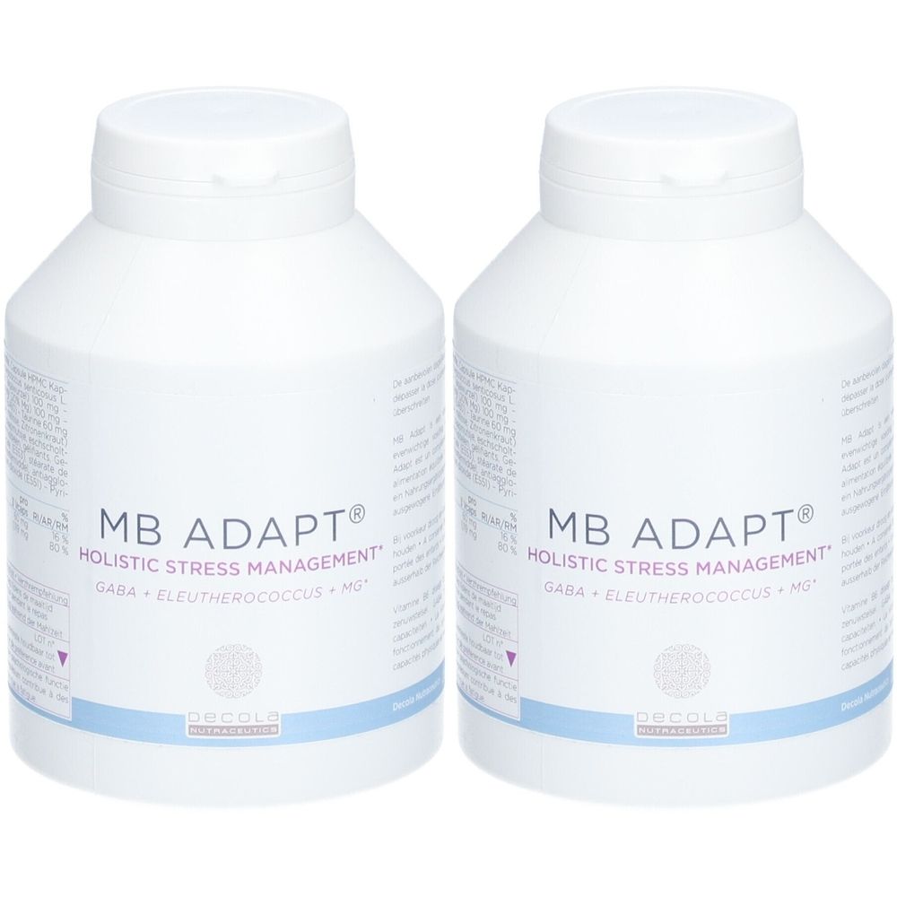 Deux flacons blancs avec couvercles. Inscription: MB ADAPT, Holistic Stress Management. En dessous: Gaba, Eleutherococcus, MG. Logo Decola Health.