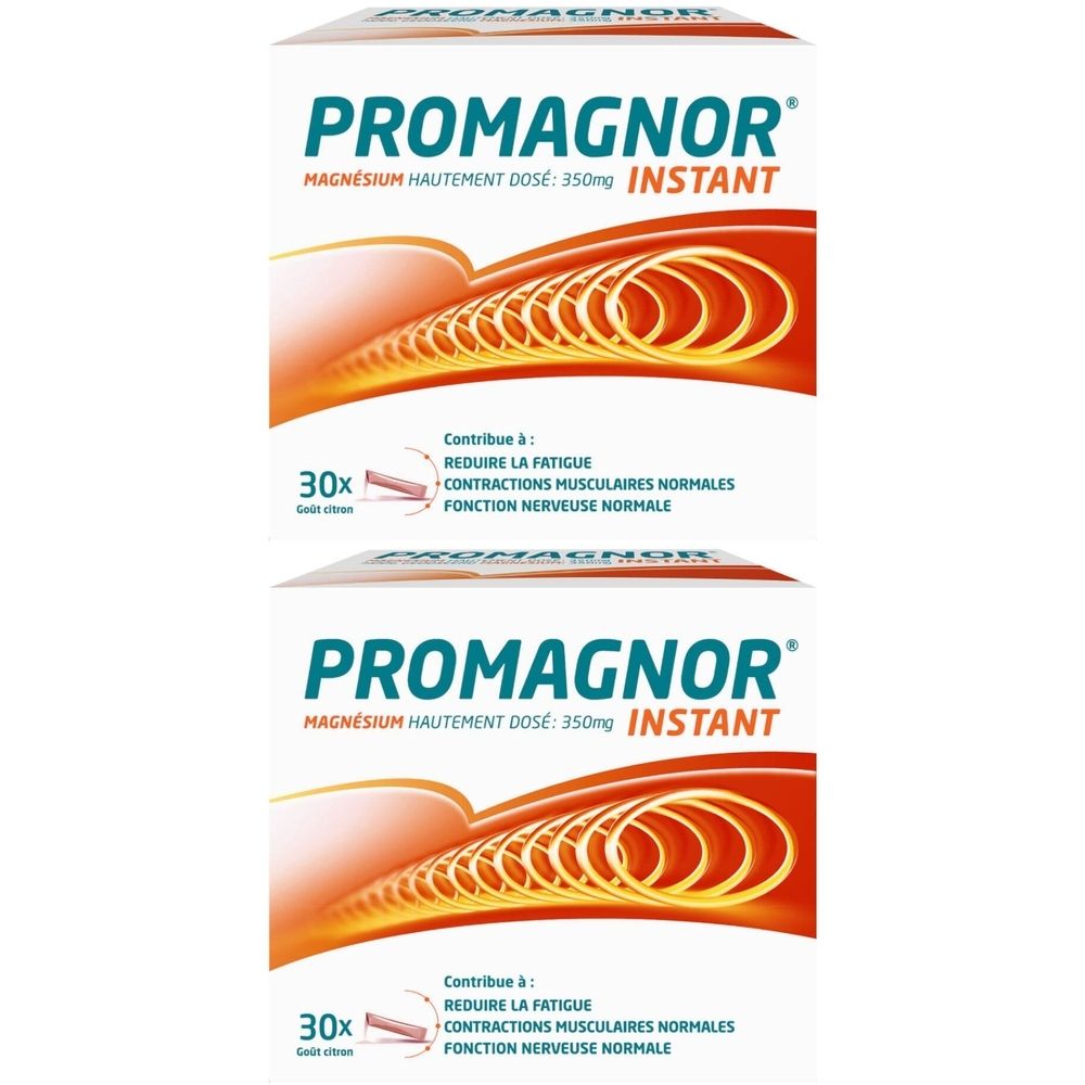 Deux boîtes blanches avec logo "Promagnor Instant" et texte. Graphique rouge et orange. 30 sachets.