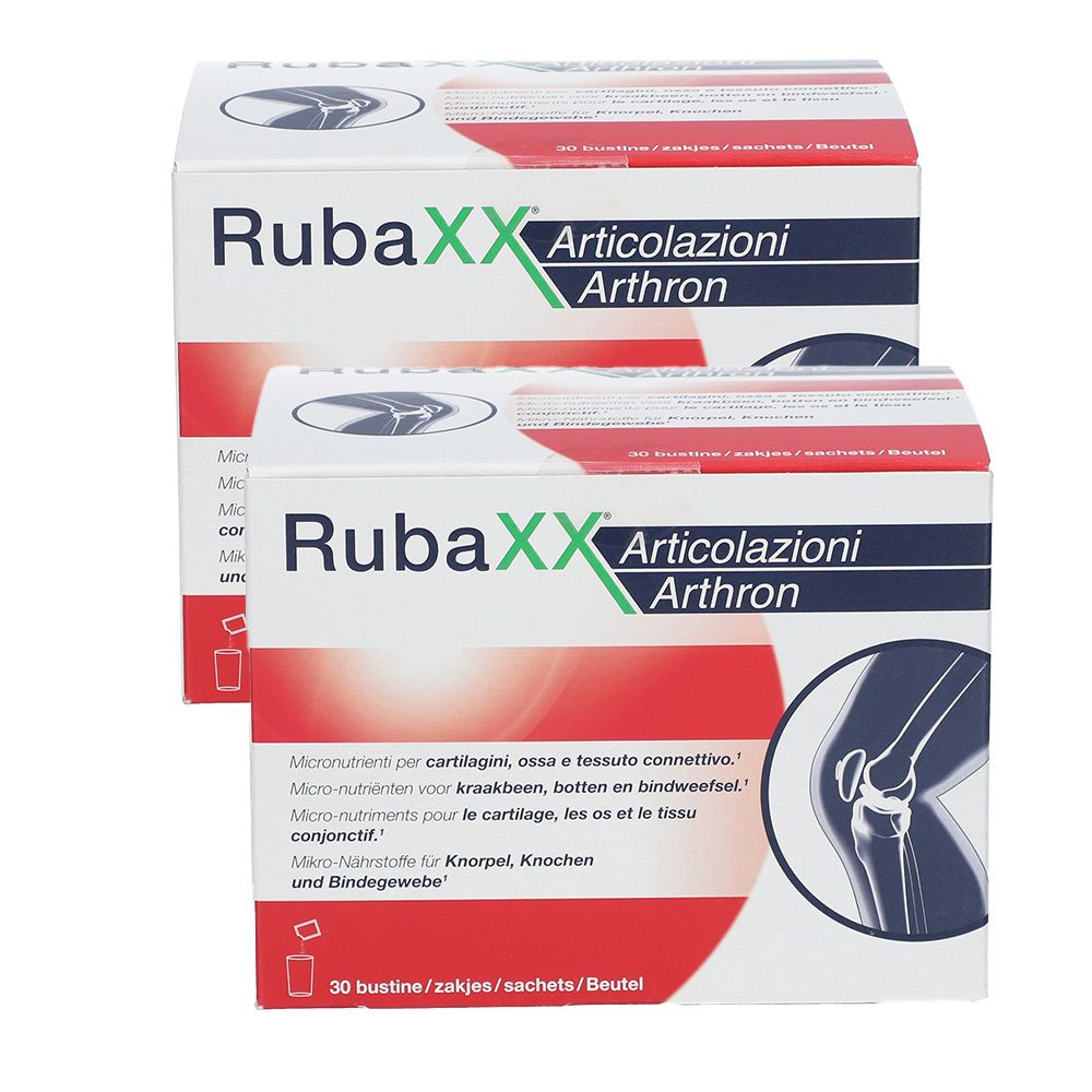 Deux boîtes de Rubaxx Arthron. Inscription : articulations, cartilage, os. Illustration d'une articulation du genou. 30 sachets.