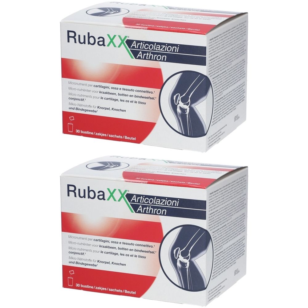 Deux boîtes de Rubaxx Arthron. Inscription : articulations, cartilage, os. Illustration d'une articulation du genou. 30 sachets.