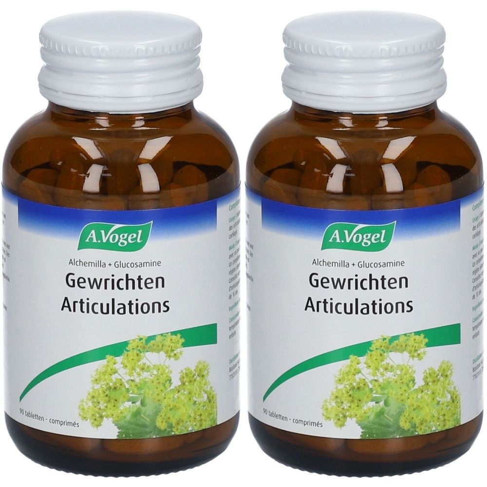 Deux flacons en verre brun avec bouchons blancs. Inscription : A.Vogel, Alchemilla + Glucosamine, Gewrichten Articulations.