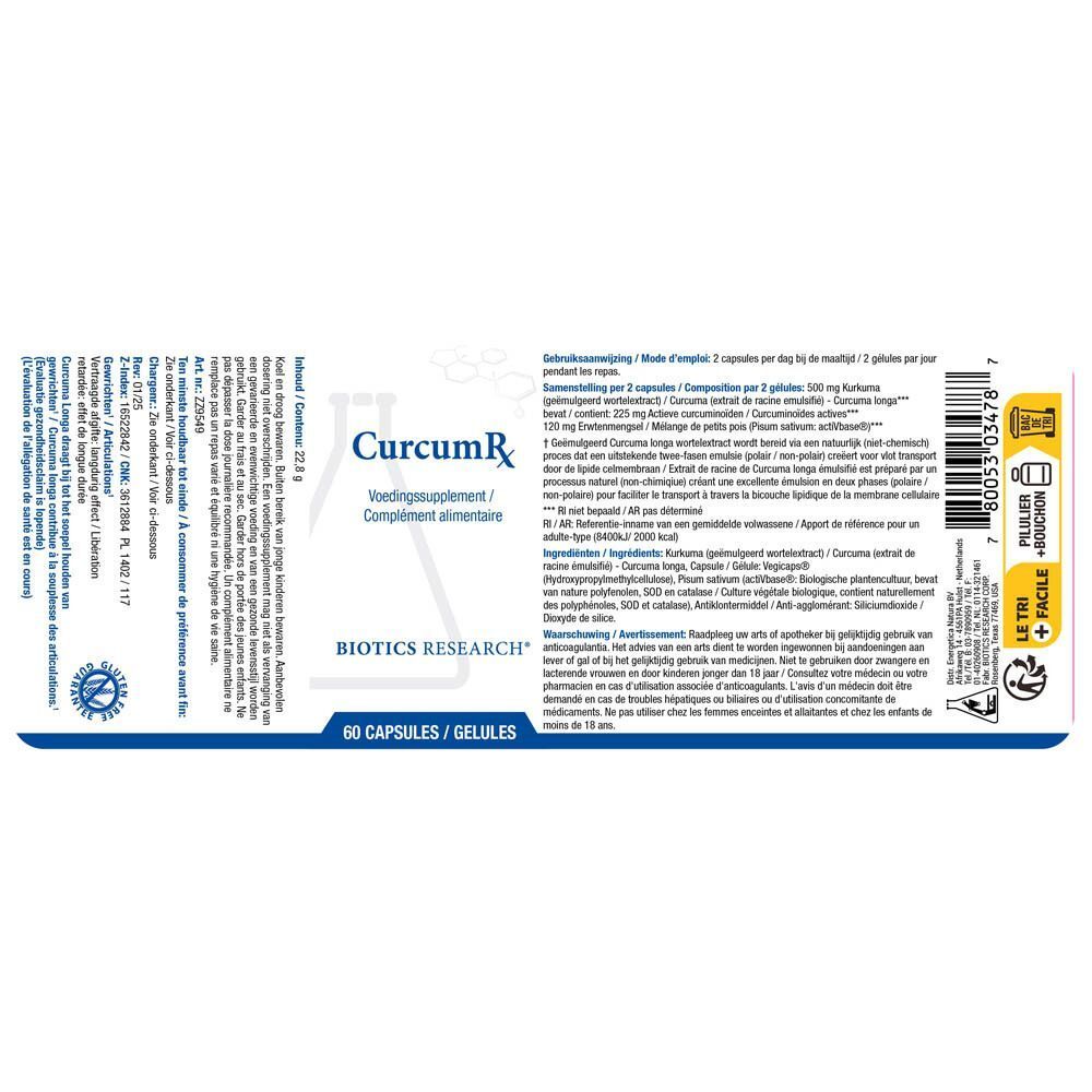 Arrière d'une boîte Biotics Research CurcumRx de 60 gélules. Informations multilingues.
