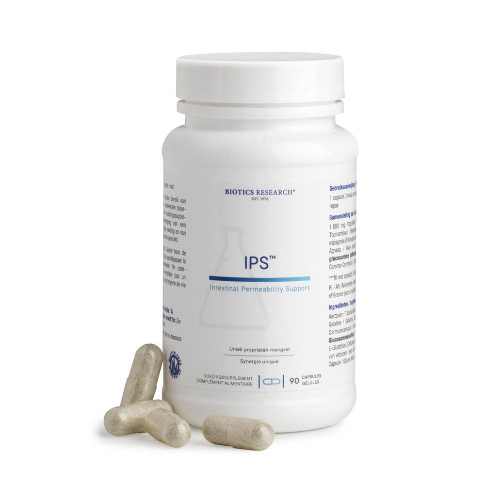 Un flacon blanc de capsules Biotics Research IPS™ et trois capsules à côté, 90 capsules par flacon.