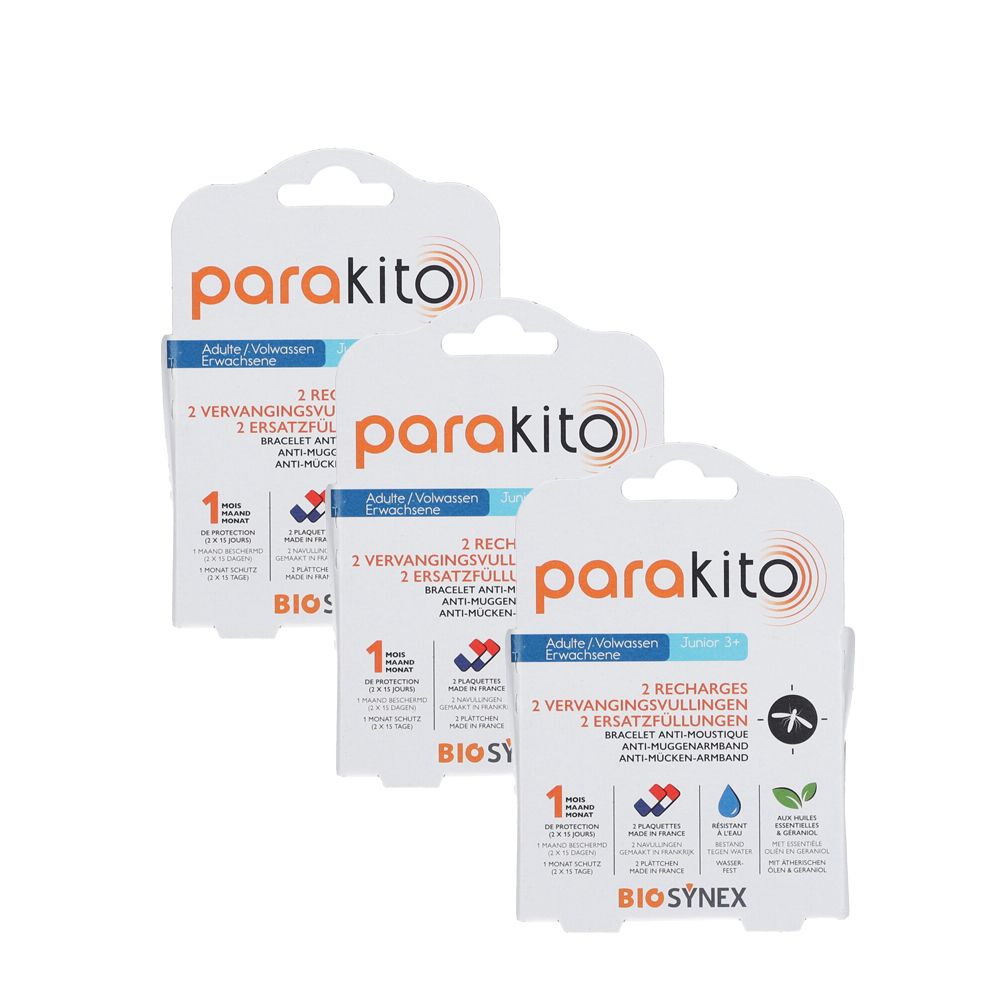 Trois emballages ParaKito. Emballage blanc avec logo et texte du produit. Accents bleus et verts.