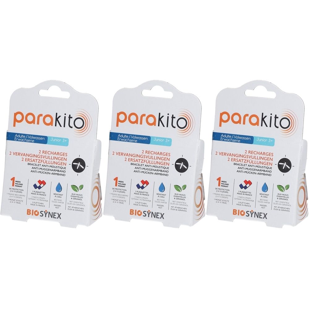 Trois emballages ParaKito. Emballage blanc avec logo et texte du produit. Accents bleus et verts.