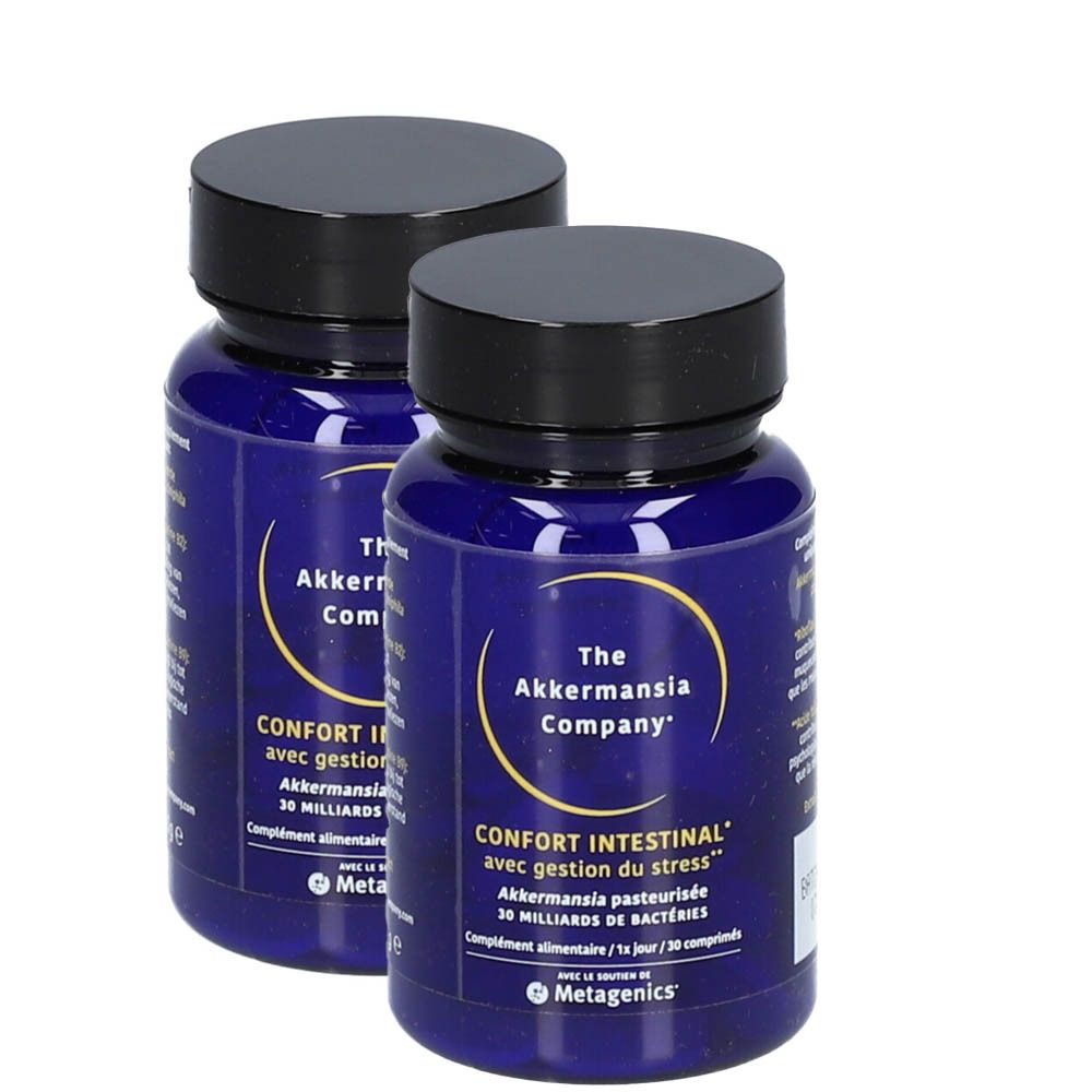 Deux flacons bleus avec bouchons noirs. Inscription: The Akkermansia Company, Confort intestinal avec gestion du stress.