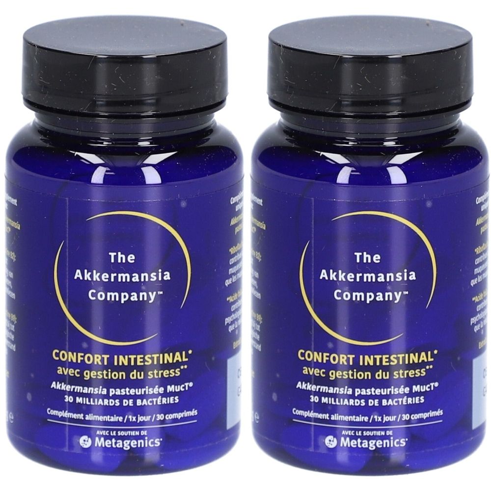 Deux flacons bleus avec bouchons noirs. Inscription: The Akkermansia Company, Confort intestinal avec gestion du stress.