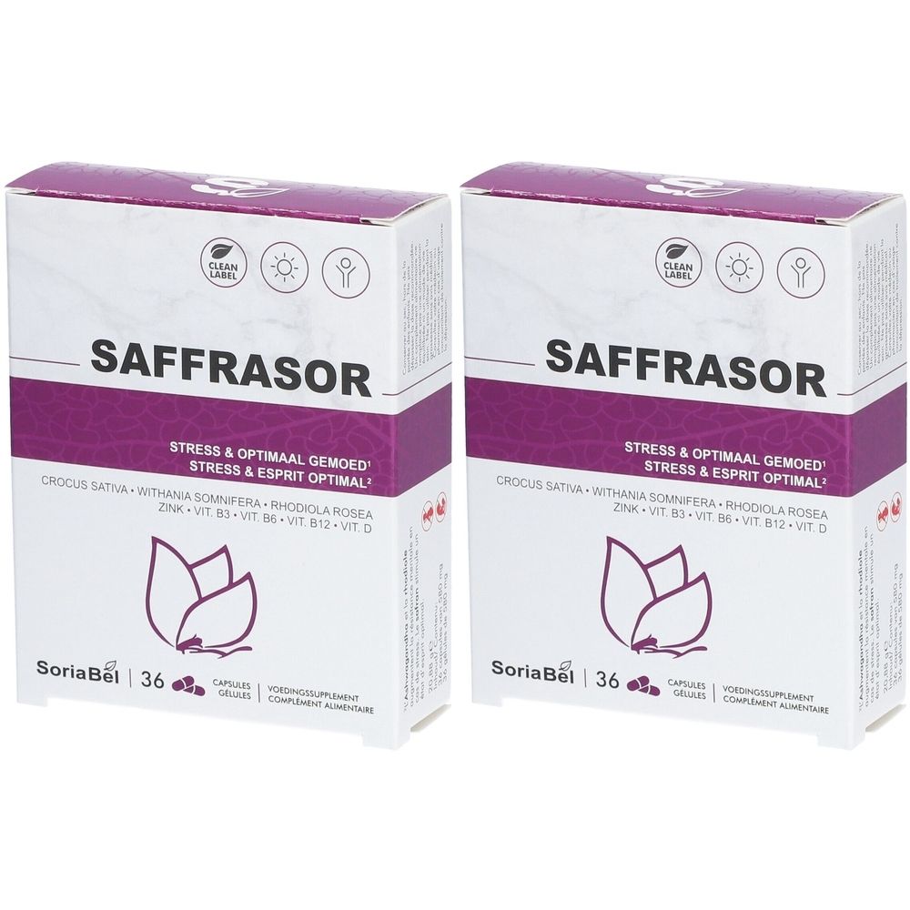 Deux boîtes de Saffrasor. Blanc avec accents violets. Inscription Saffrasor, SoriaBel, 36 gélules. Avec logo et texte.