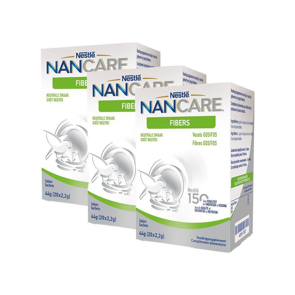 Trois boîtes Nestlé NANCARE Fibres. Emballage blanc avec logo et informations produit. 15 sachets.